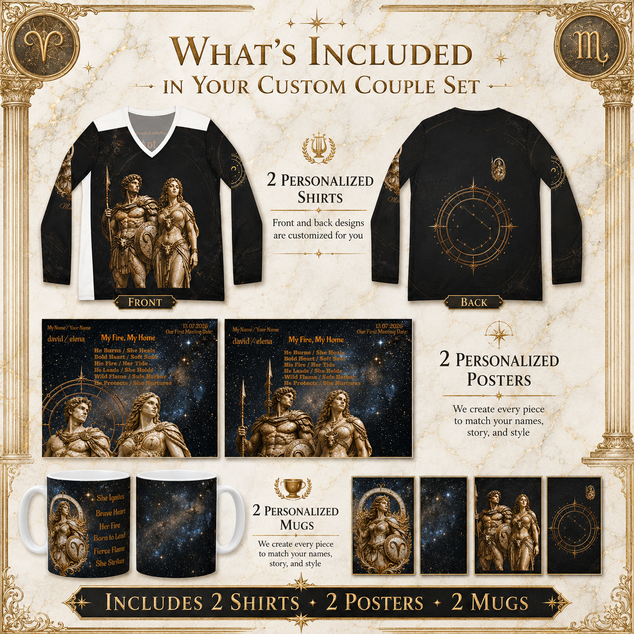 Personalized Zodiac Couple Gift Set, Custom Astrology Shirts, Matching Mugs, Birth Chart Posters, Synastry Report Gift